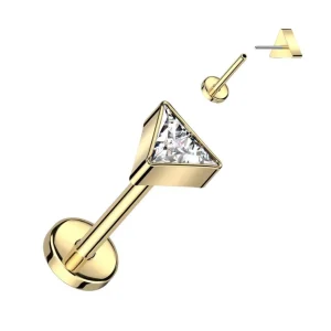 Titaaninen labret 1mm, Push in Triangle CZ Labret in Gold