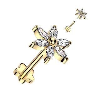 Titaaninen labret 1mm, Push in Flower Labret in Gold