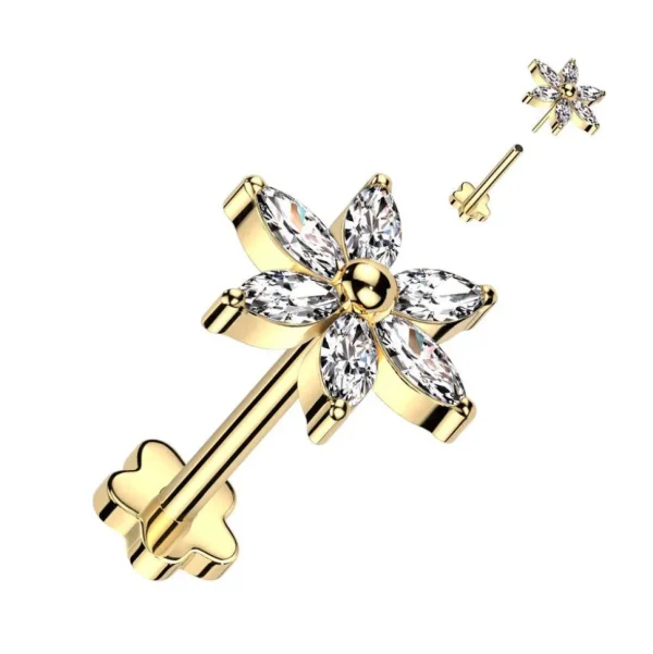 Titaaninen labret 1mm, Push in Flower Labret in Gold
