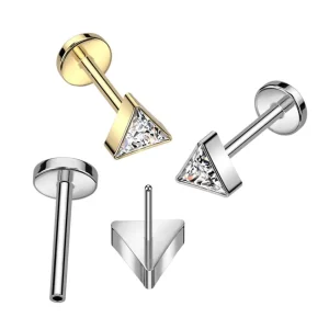 Titaaninen labret 1mm, Push in Triangle CZ Labret in Gold