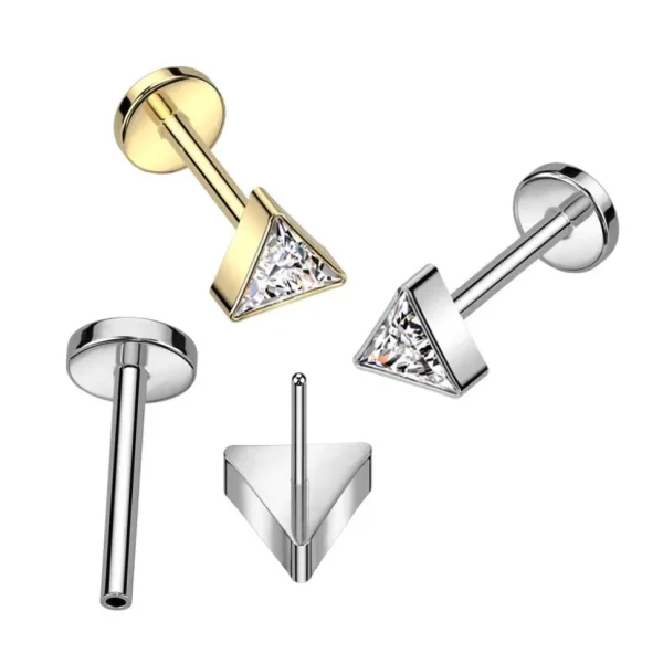 Titaaninen labret 1mm, Push in Triangle CZ Labret in Gold