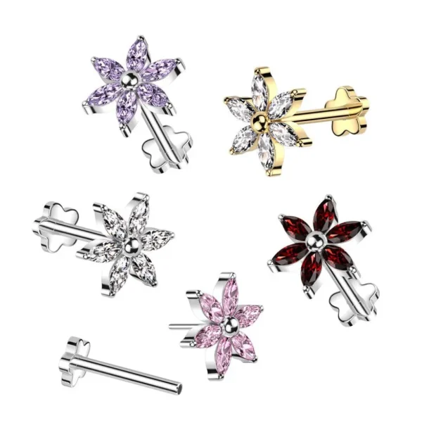 Titaaninen labret 1mm, Push in Flower Labret in Gold